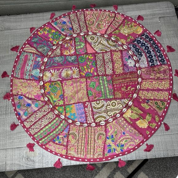 Large 30” Floor Cushion Cover Throw Pillow Patchwork Indian Bohemian Round Pink - Picture 1 of 7